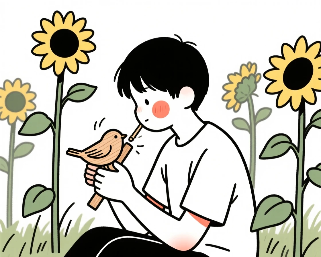 A teenager whittling a small wooden bird, in a sunflower field.
