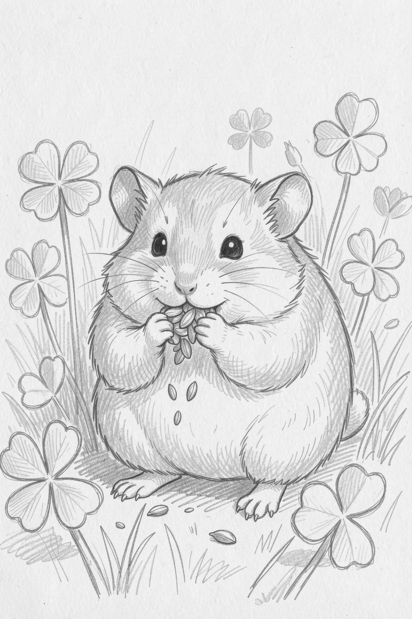 An irresistibly cute scene of a tiny hamster stuffing its cheeks with seeds in a field of clover, with tiny paws tucked in close.