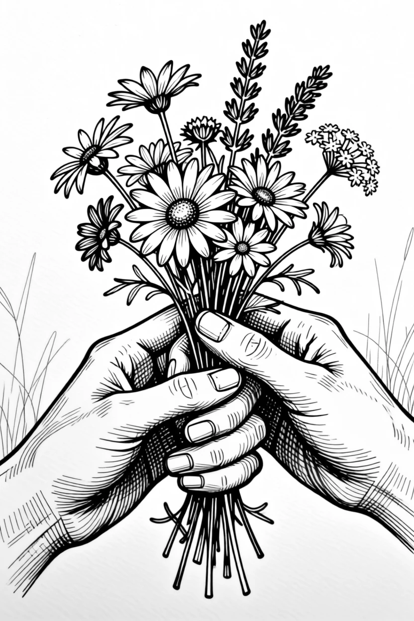 A pair of hands offering a small bouquet of wildflowers.