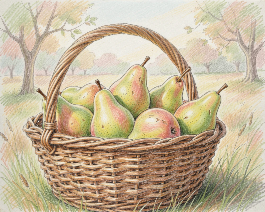 A countryside orchard basket overflowing with freshly picked pears, set against a softly lit, atmospheric backdrop, perfect for anyone drawn to gentle, heartfelt imagery.