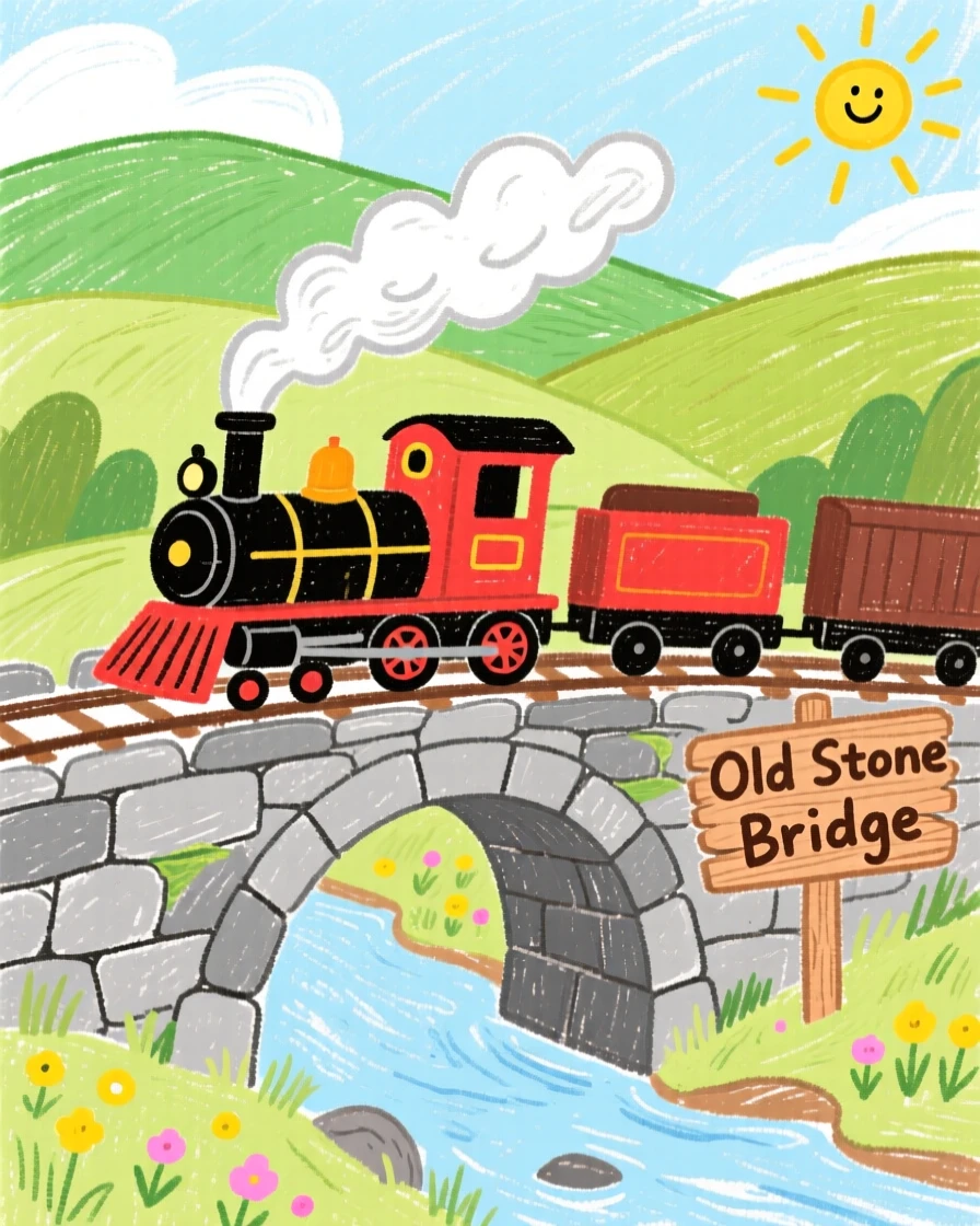 A steam train crossing an old stone bridge through green hills.
