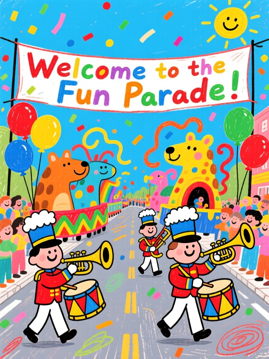 A lively parade with colorful floats and marching bands down a main street.