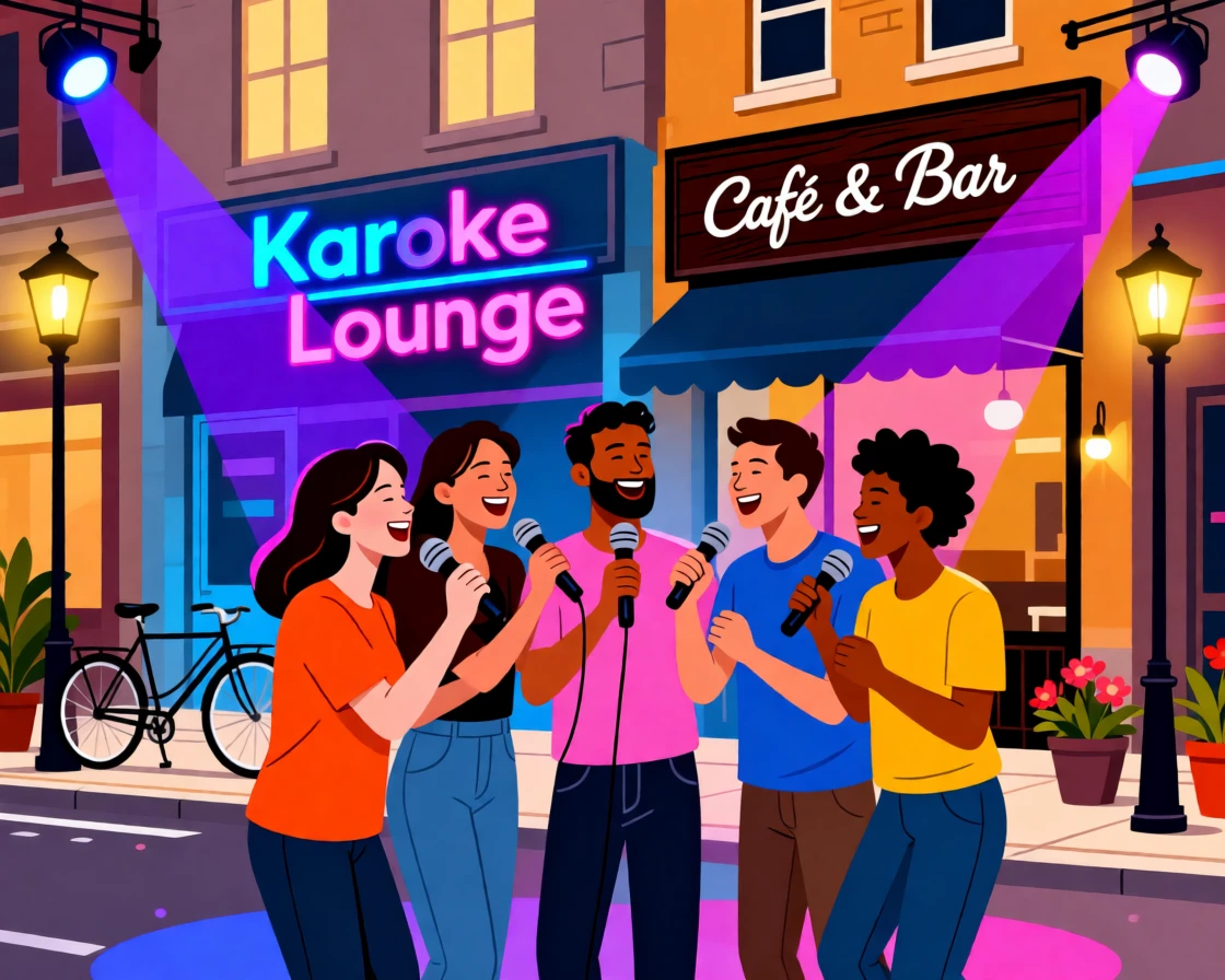 A group of friends enjoying karaoke night with colorful lights, set against a backdrop of a lively city street, composed with warm natural light and relaxed framing, with a sense of community and connection in every detail.