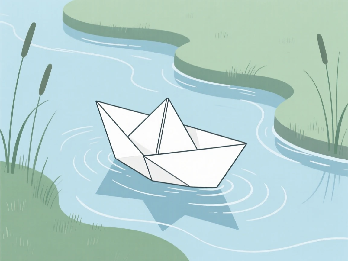 A paper boat floating steadily down a gentle stream.