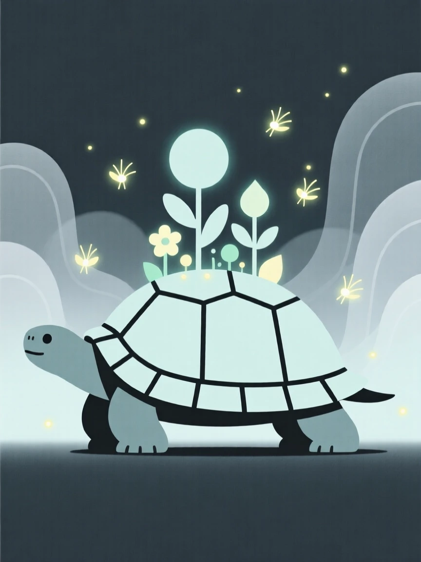 A magical garden growing on the back of a giant tortoise nestled within a mist-covered valley, glowing near tiny glowing fireflies, full of dreamlike serenity.
