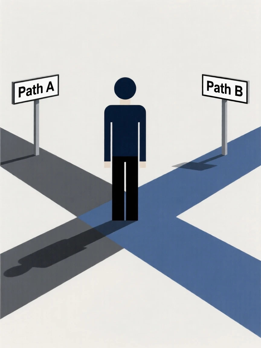 A person standing at a crossroads choosing a path