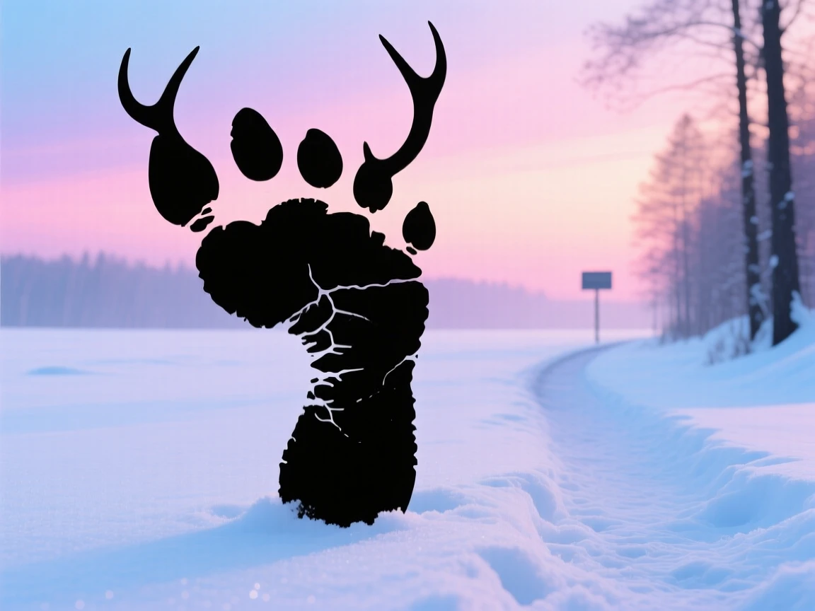 A single deer print pressed into fresh snow beside a quiet forest trail.