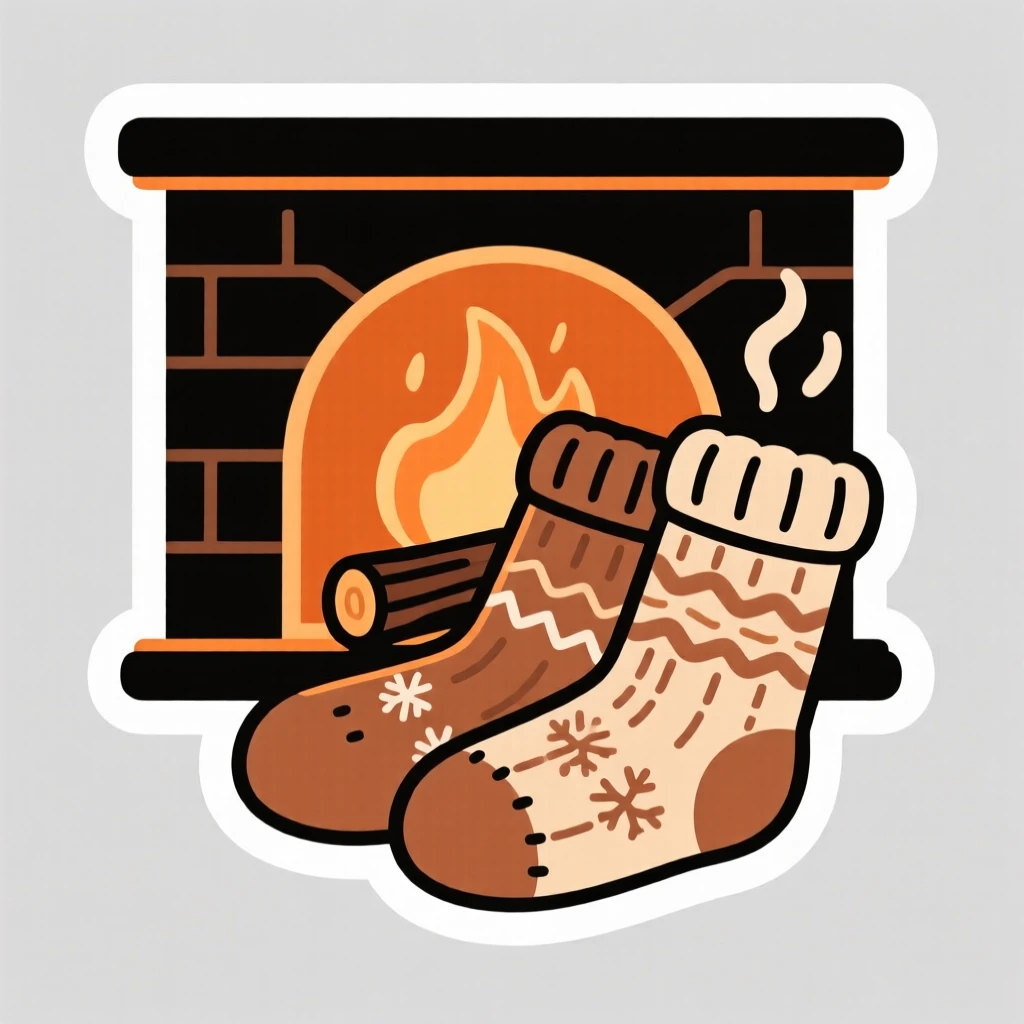 A warmly comforting cozy pair of socks warming by a fireplace, bringing an instant smile to anyone who sees it, a simple moment that feels universally loved.