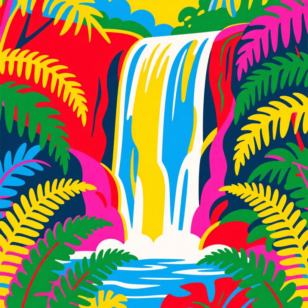 Jungle waterfall surrounded by tropical ferns