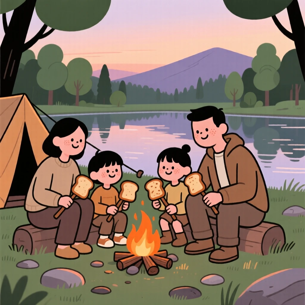 A family sets up camp beside a forest pond as the last light of day fades behind the mountain ridge, toasting bread on sticks around a small fire.