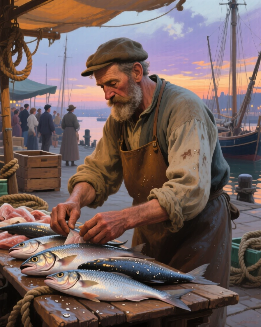 A close-up portrait of a fisherman selling the day's fresh catch at a bustling quayside stall, in late spring, at twilight.