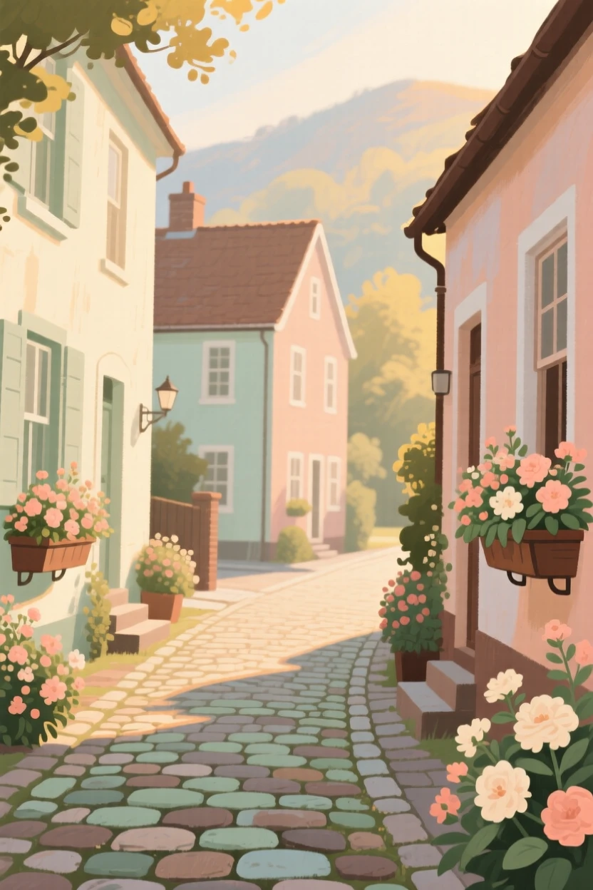 A cobblestone street lined with flower boxes and pastel-colored houses