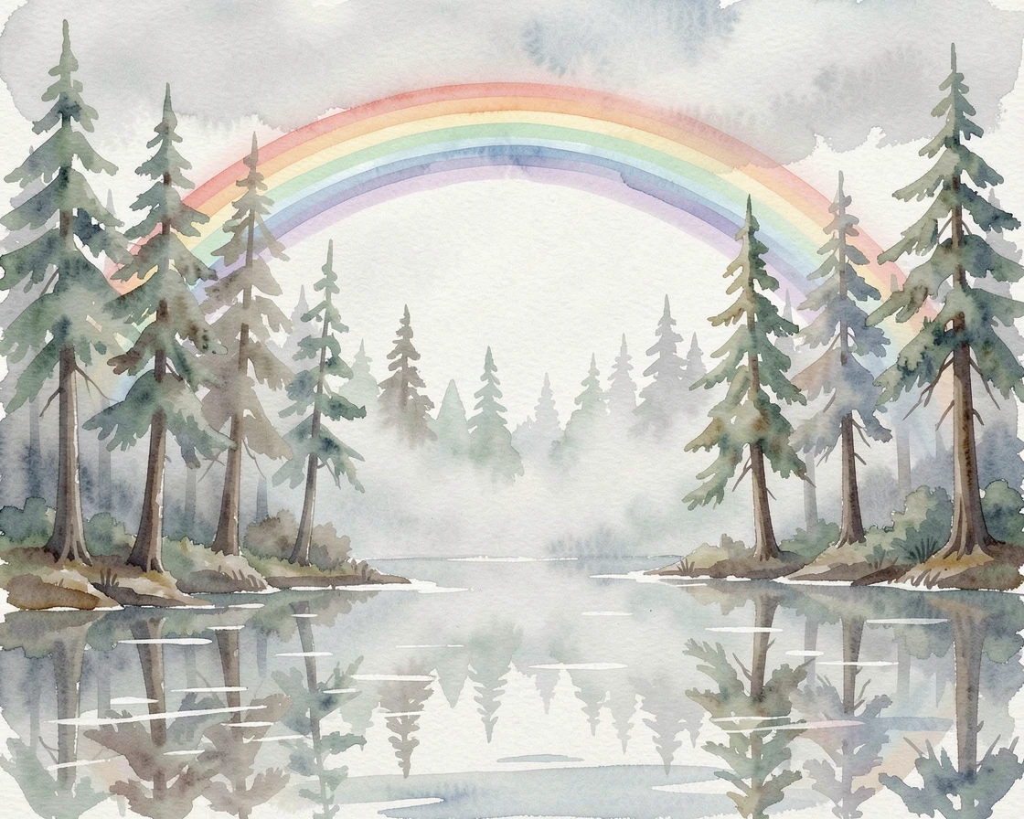 A misty pine forest beneath a rainbow after rain with reflections shimmering on the water.