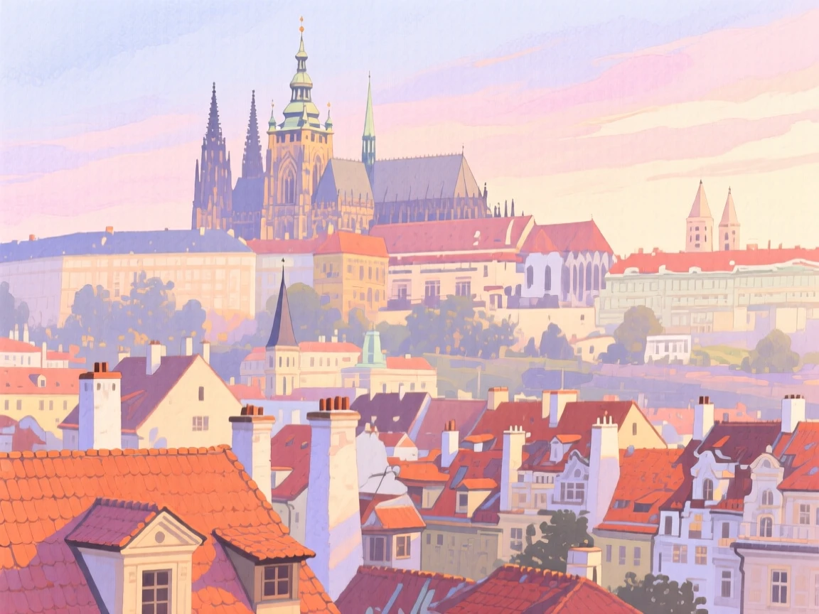 A picturesque view of an old quarter in Prague with a castle rising above the rooftops, under a soft sunrise