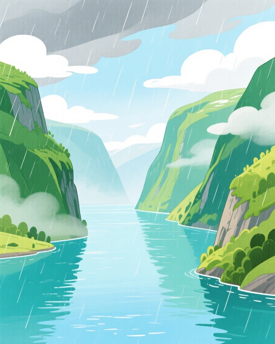 A sweeping view of a quiet fjord between steep green cliffs just after a summer storm.