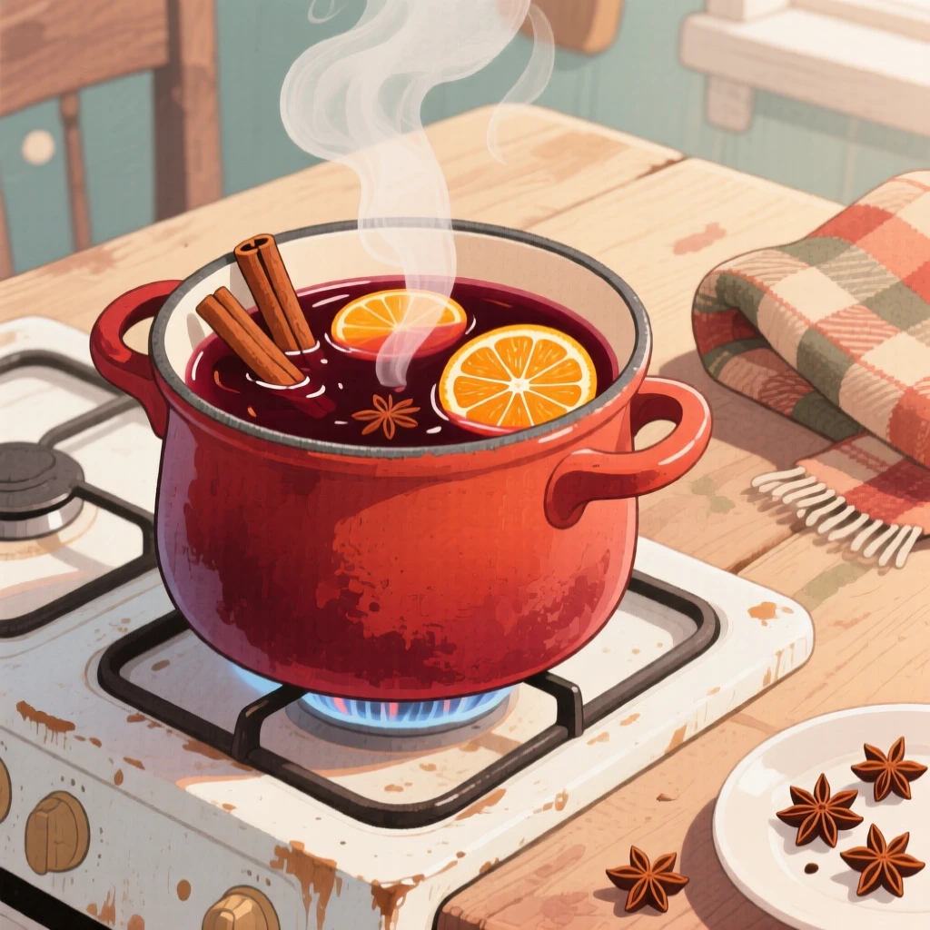 A pot of mulled wine simmering with cinnamon sticks and orange slices, evoking warmth, comfort, and togetherness.