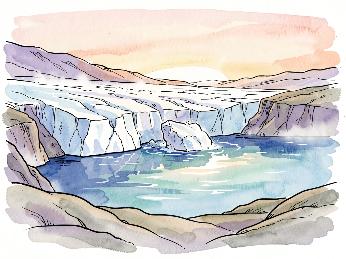 A remote glacier calving into a deep blue fjord, a soft mist clinging to the low ground as the sun begins to rise.