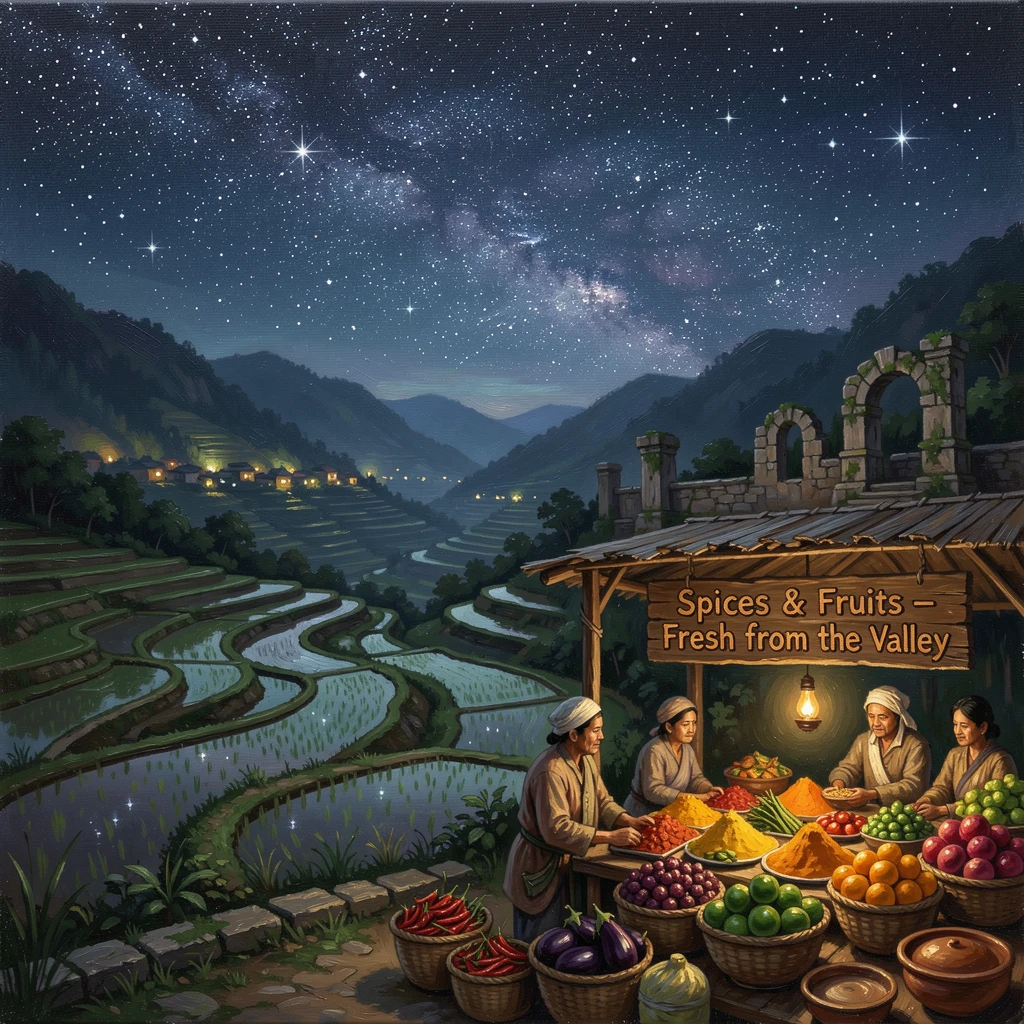 Under a canopy of stars, distant lights twinkling below, terraced rice paddies cascading down a hillside, overlooking a vast valley dotted with ancient ruins, vendors arranging fruit and spices at a market stall.