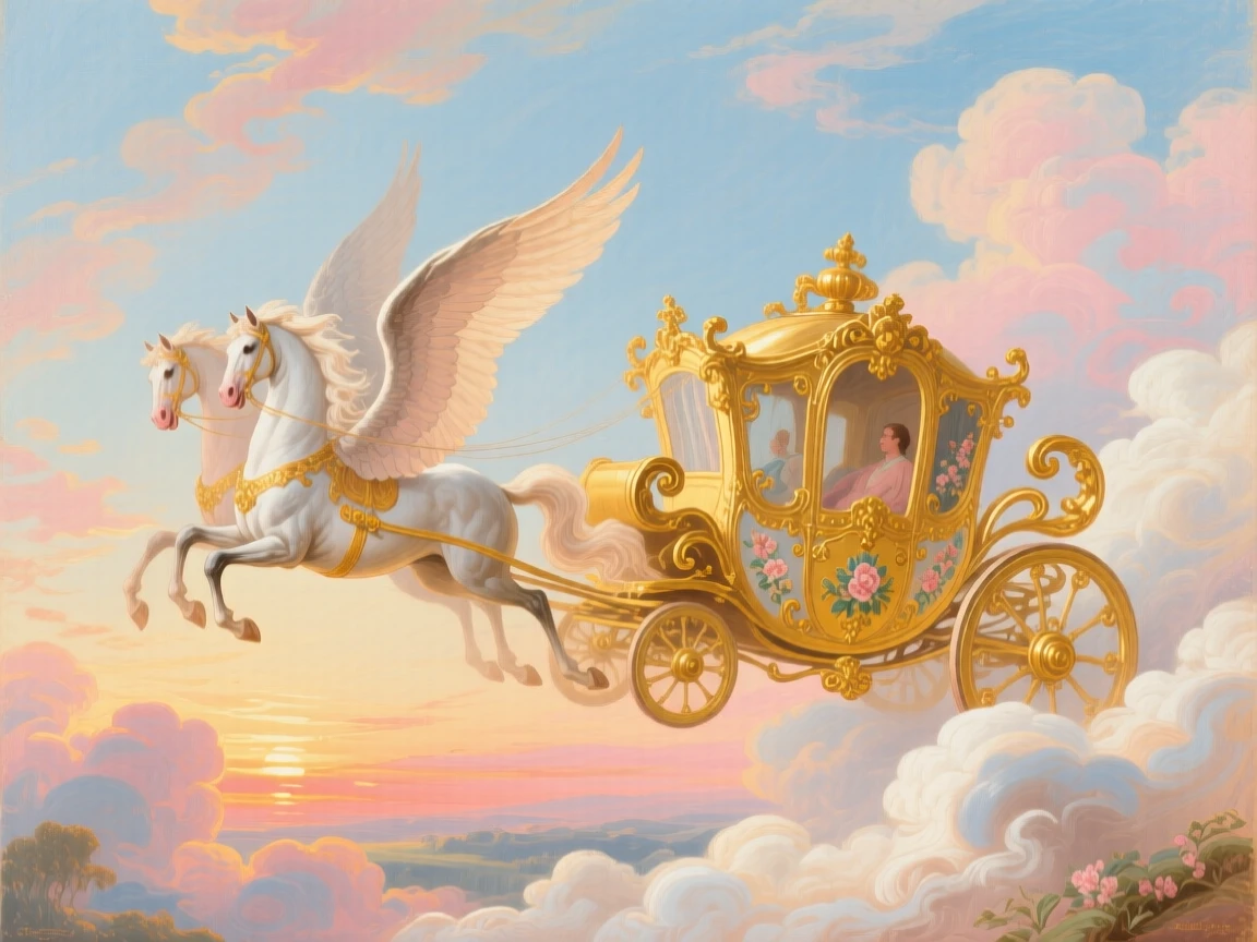 A golden carriage drawn by winged horses across a sunset sky  