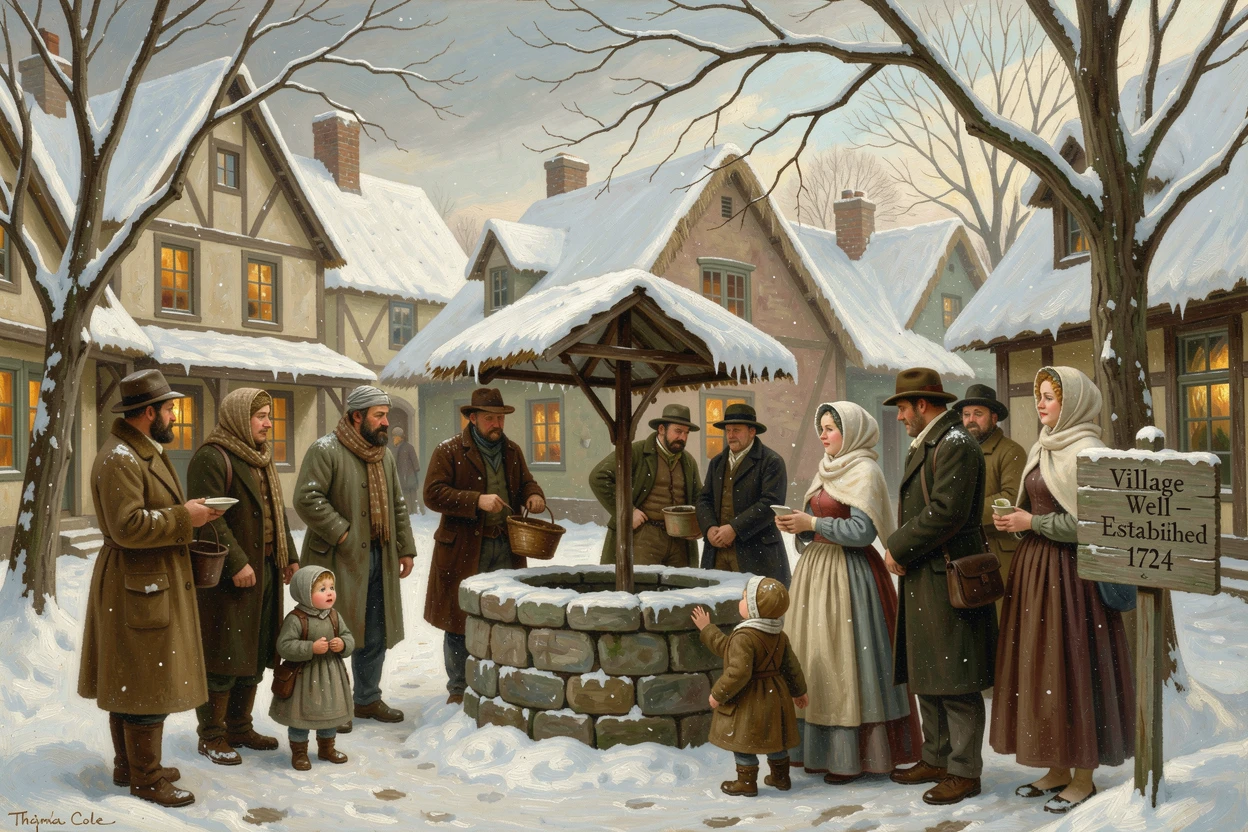 Villagers gather at the well in a village square beside an old well beneath a blanket of fresh snow.