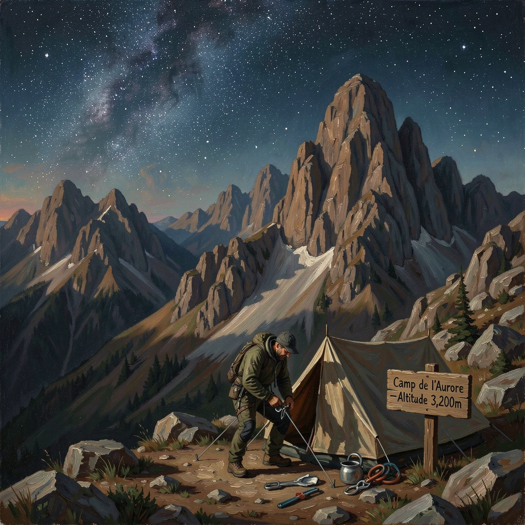 A mountaineer setting up camp beneath a sky full of stars, as the vastness of the destination dwarfs the traveler in scale, capturing the excitement, freedom, and wonder of travel