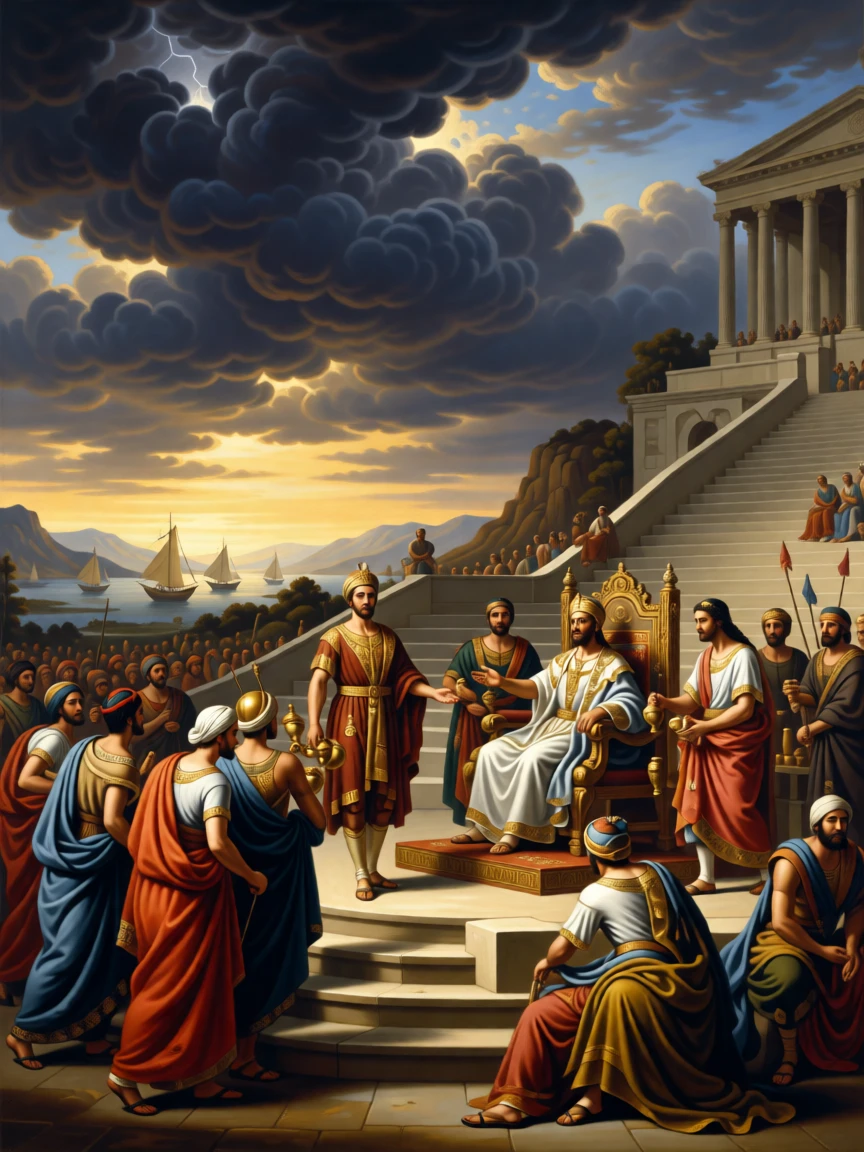 A Persian satrap presenting tribute to a seated emperor as thunder rolls across a darkening sky, set on the steps of a grand amphitheater filled with spectators, with distant ships and mountains fading into a golden haze; the composition centers the hero in a pyramid of surrounding figures, charged with heroic resolve and quiet foreboding.