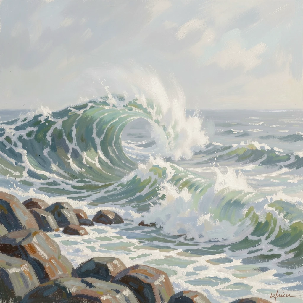 A dramatic wave curling and crashing on a rocky coast during a fierce coastal storm, in early spring, capturing a fleeting moment of pure happiness.