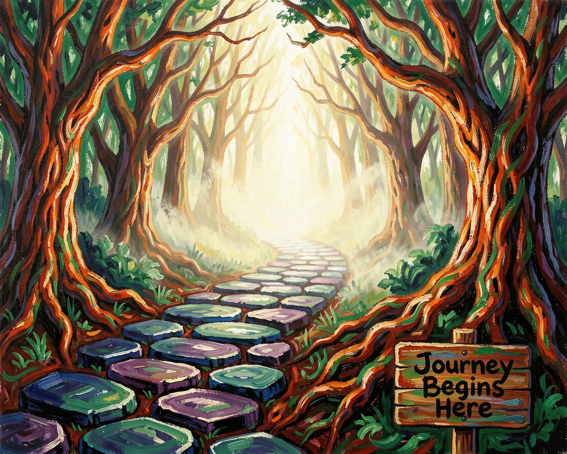 A pathway of stepping stones leading into a glowing mist at the edge of a forest.
