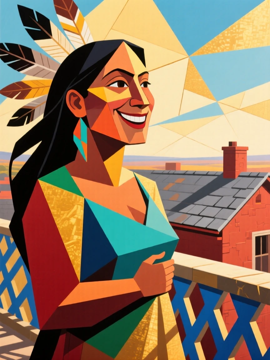 A close-up portrait of a new mother of Native American heritage, beaming with triumph, on a sunlit balcony overlooking rooftops.