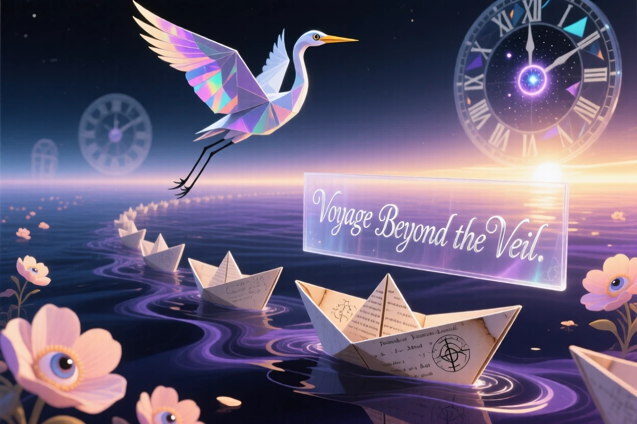A chain of paper boats sailing from darkness into daylight drifts slowly through a space with no clear boundary, while the surrounding space feels calm, still, and open.