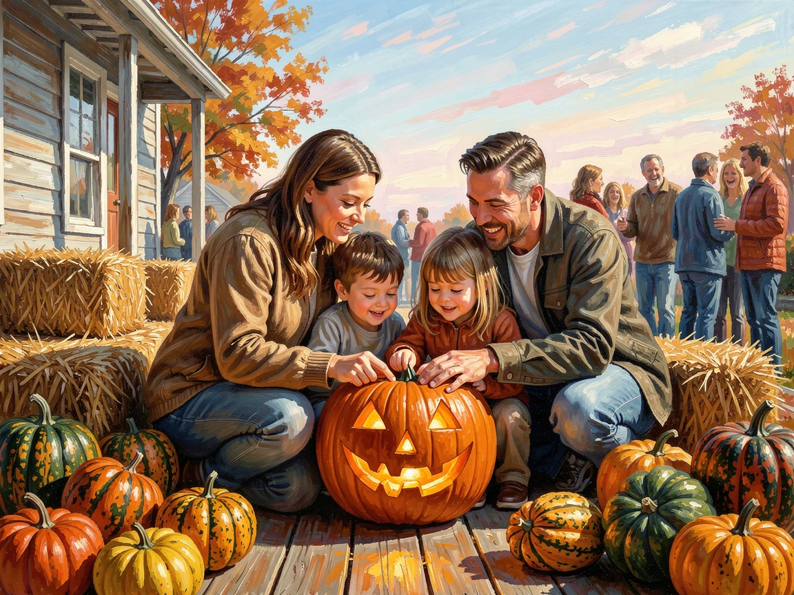 A family carves a grinning jack-o'-lantern together on a porch surrounded by hay bales and gourds under a crisp autumn sky, the surrounding crowd adding energy and movement to the edges of the composition.