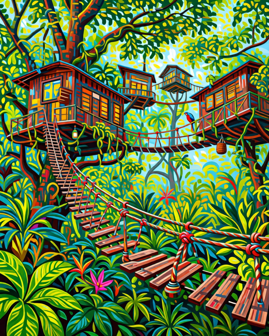 A treehouse village connected by rope bridges high in a rainforest canopy