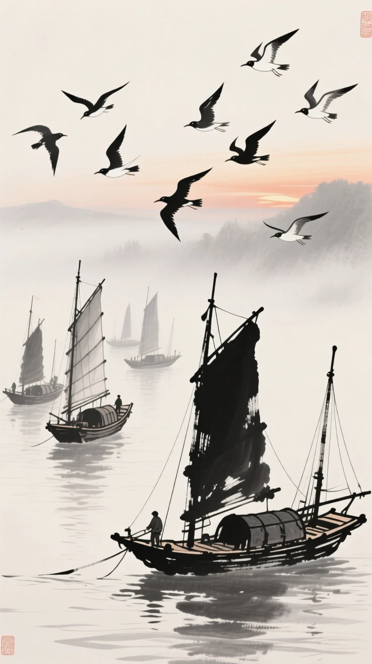 Seabirds wheel above a fleet of fishing boats returning at dusk, as mist drifts slowly across the water's surface.