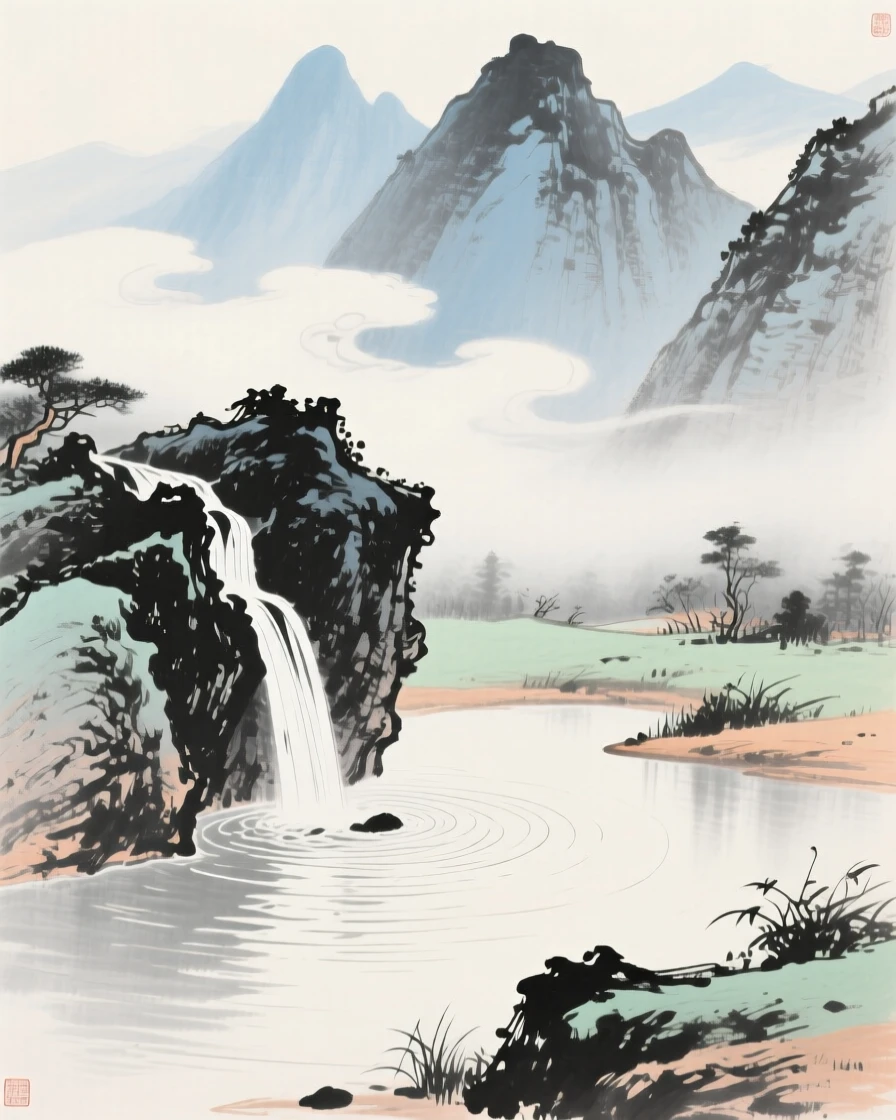 A tranquil pond fed by a trickling mountain spring, with wisps of cloud drifting slowly through the peaks, at midday.