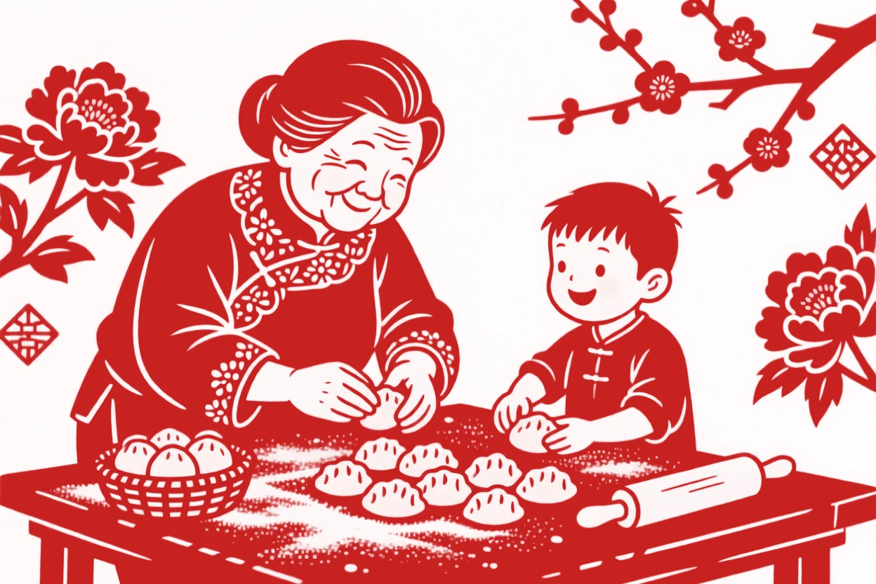 A grandmother teaching her grandson to fold dumplings at a flour-dusted table, both focused and smiling
