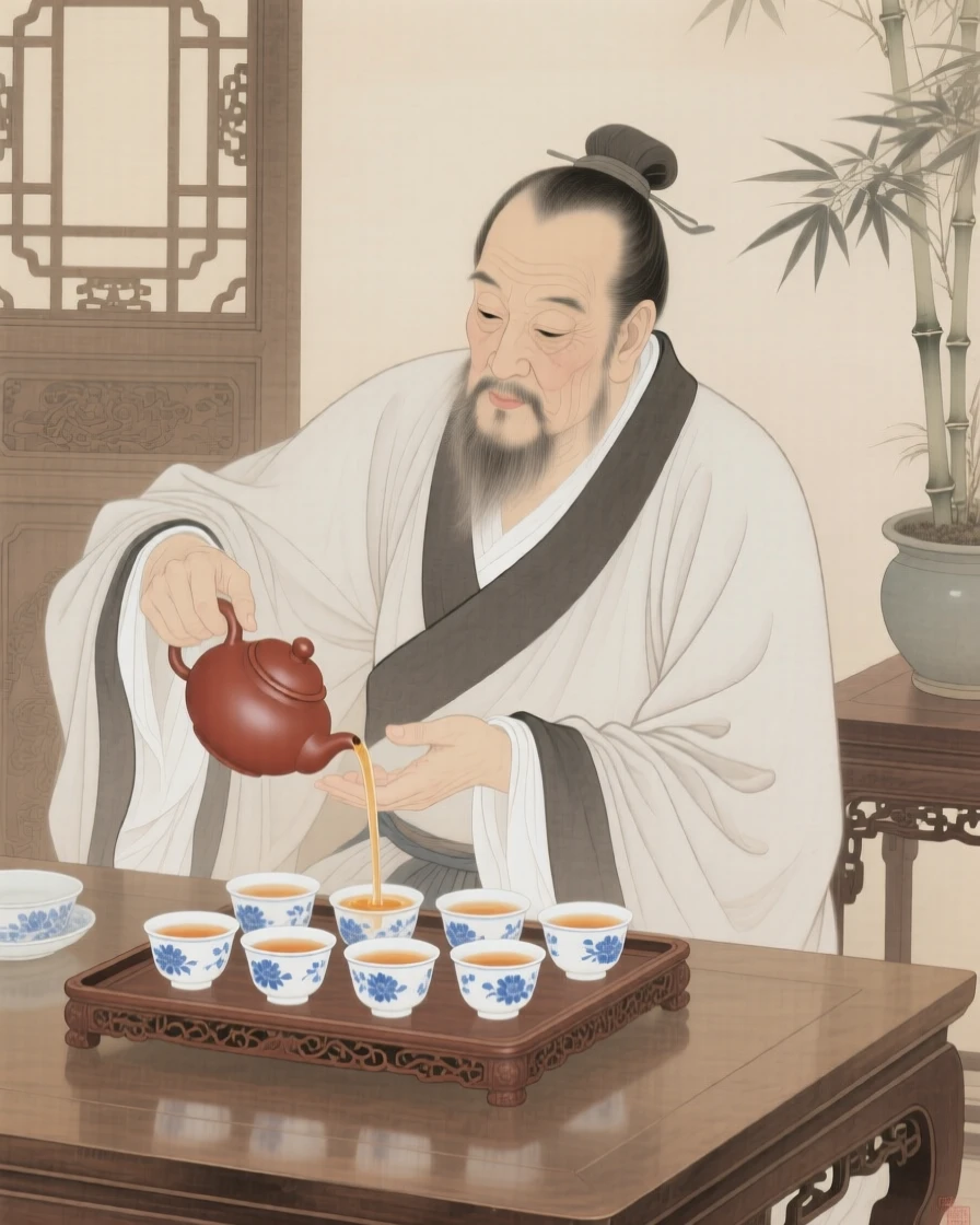 A tea master pouring tea slowly into small ceramic cups