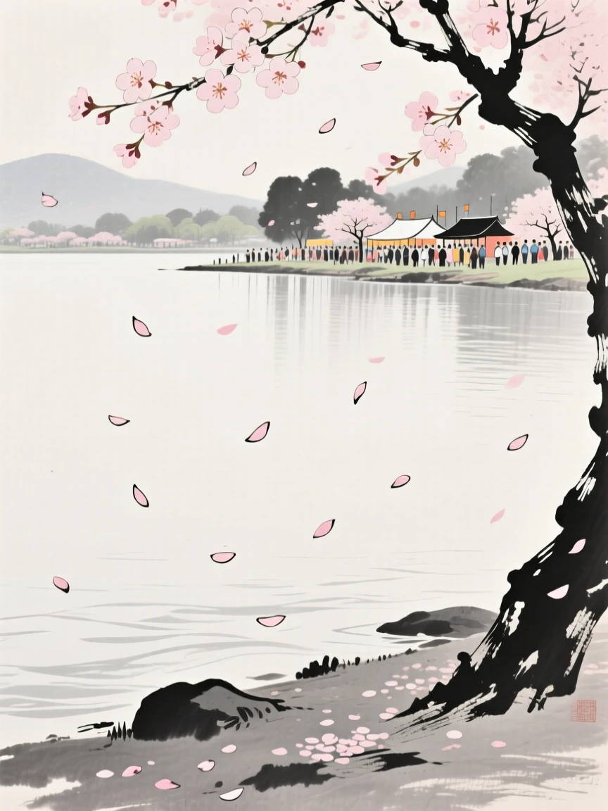 A spring festival with drifting cherry blossom petals along the shore of a calm lake, framed through drifting petals or falling snow for depth, carrying a joyful yet peaceful atmosphere.