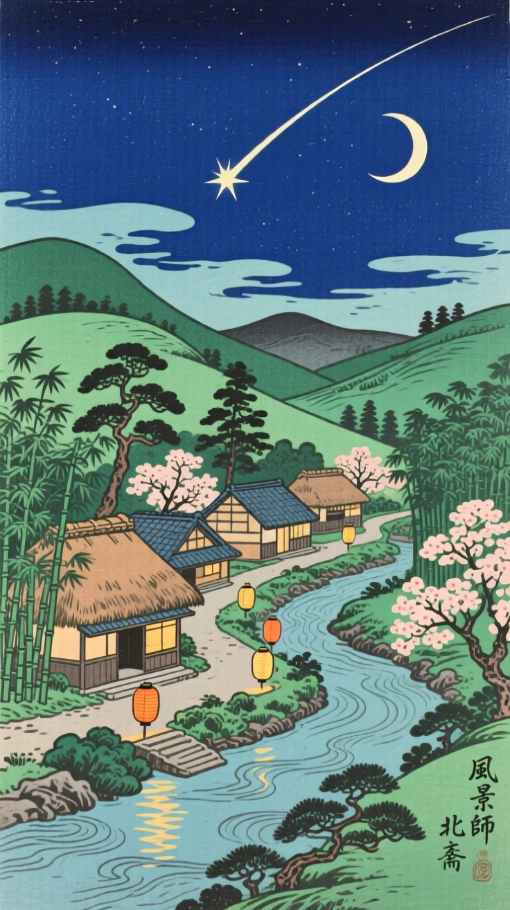 A shooting star streaking above a sleeping village, over a lush green landscape.