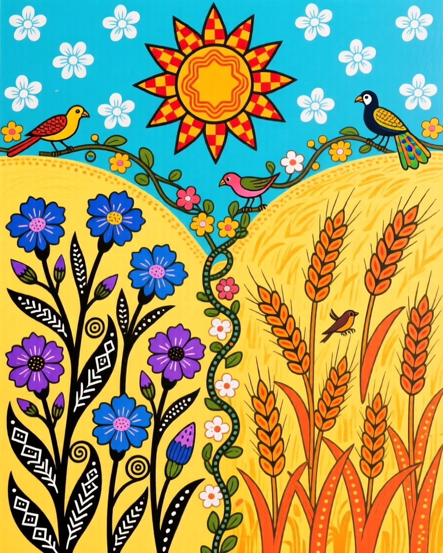A field of wild cornflowers swaying beside a golden wheat field.