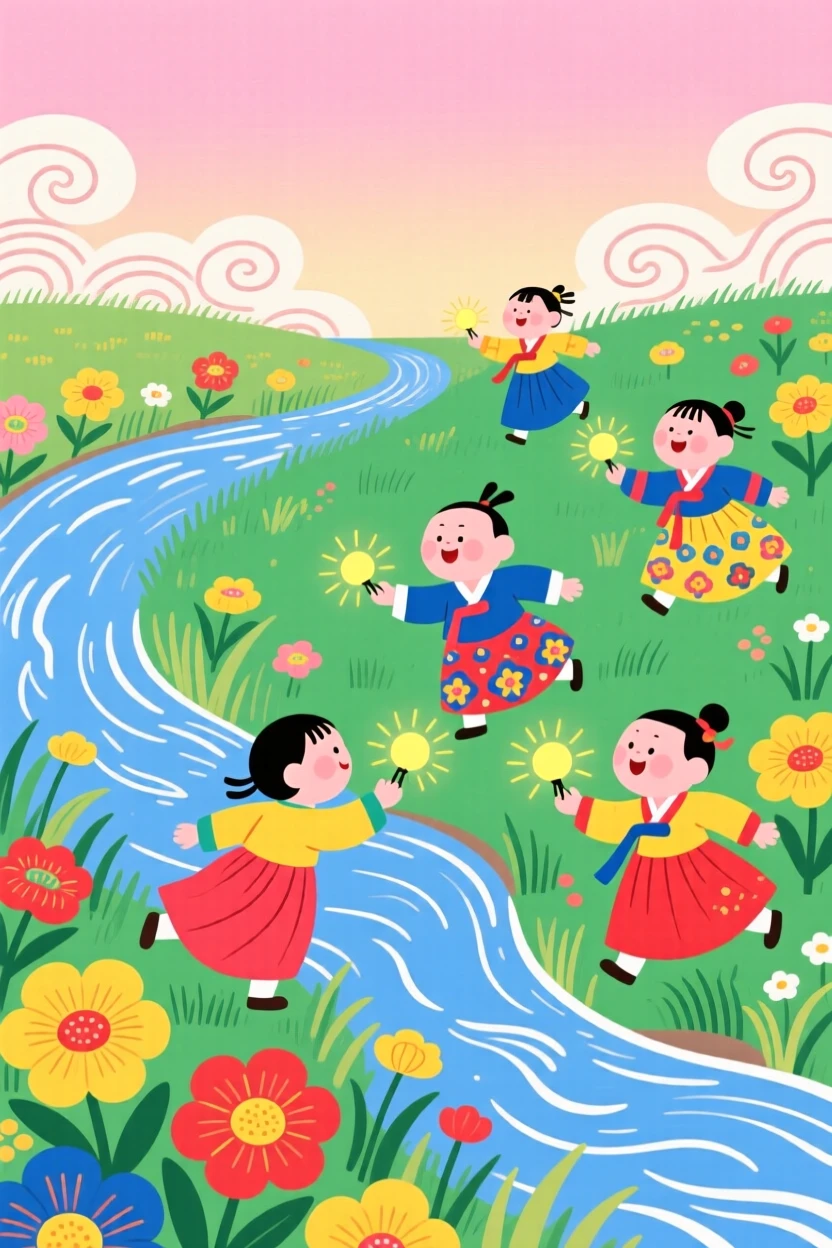Children chasing fireflies in a summer meadow beside a gently flowing river.