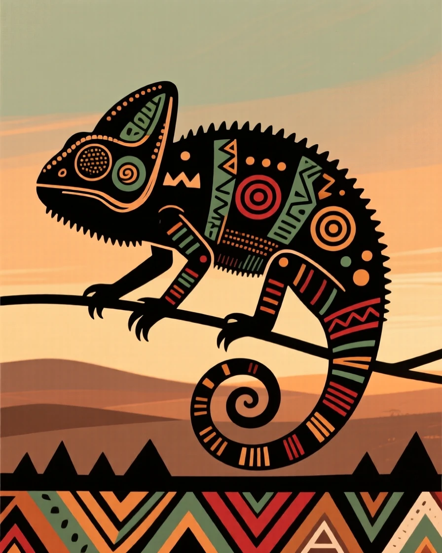 A chameleon silhouetted against the horizon.