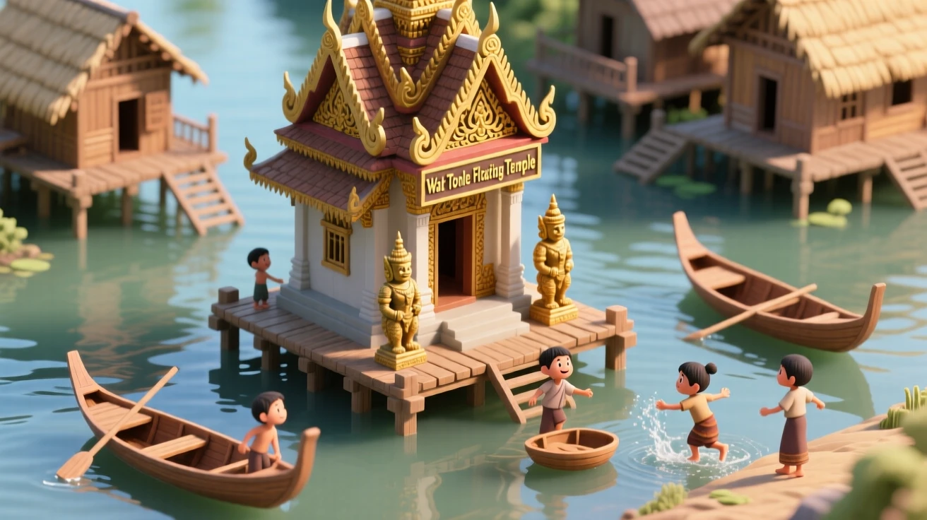 An ancient Cambodian riverside village with stilted houses, fishing boats, and children playing near a floating temple.