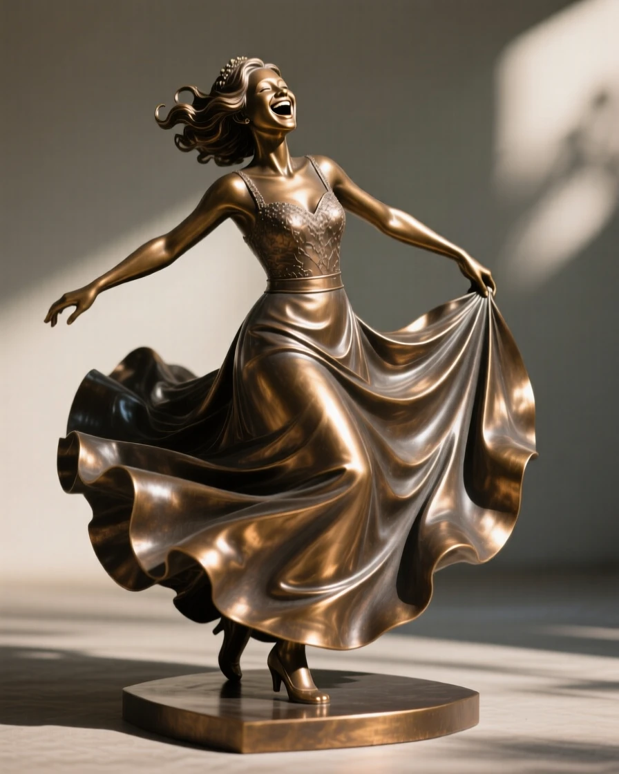 A bride laughing joyfully mid-twirl, framed by soft, dramatic shadows, forming a strong central focal point