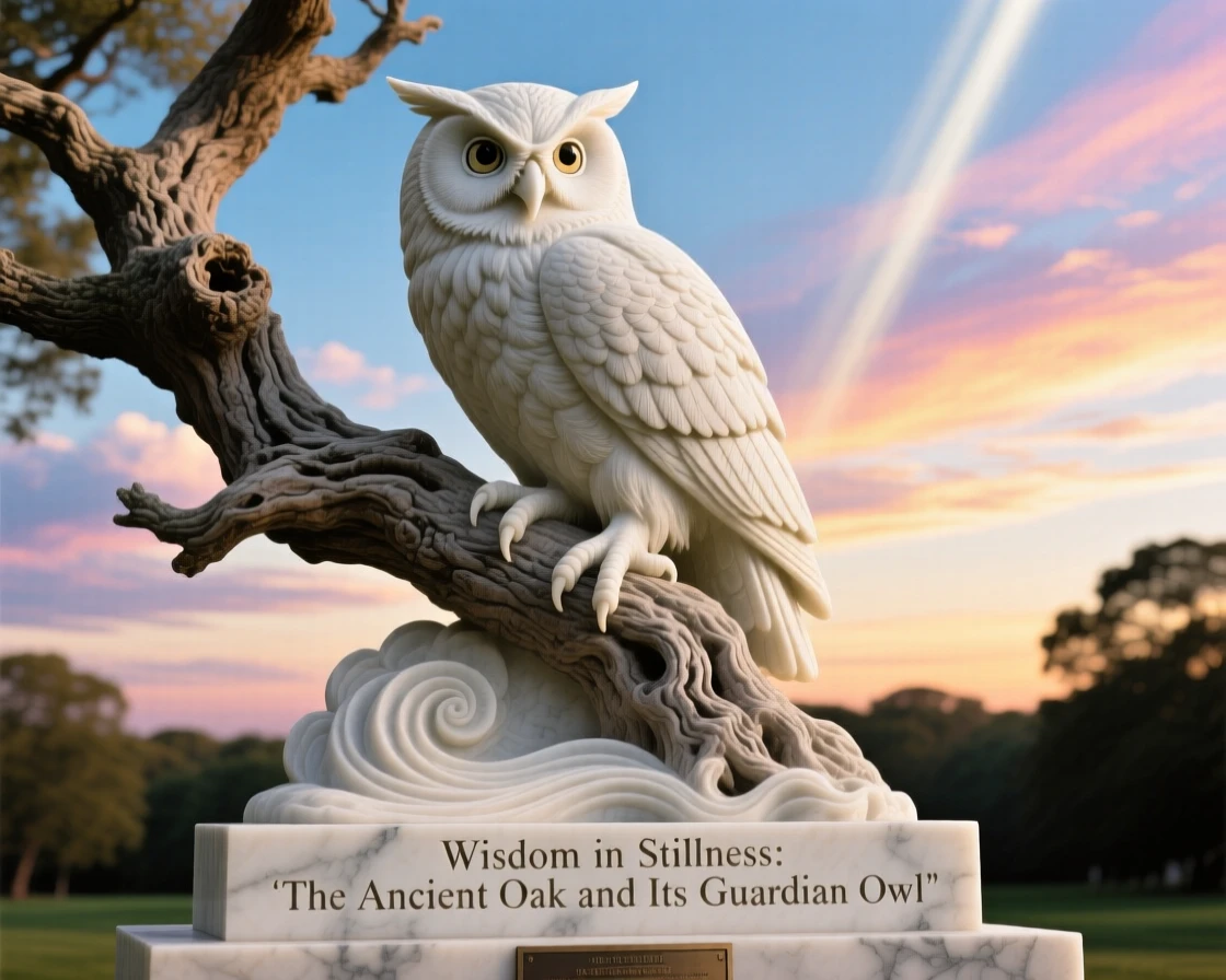 A beautifully composed image of a wise old owl perched in an ancient oak, under a brilliant, colorful sky, full of atmosphere and visual storytelling