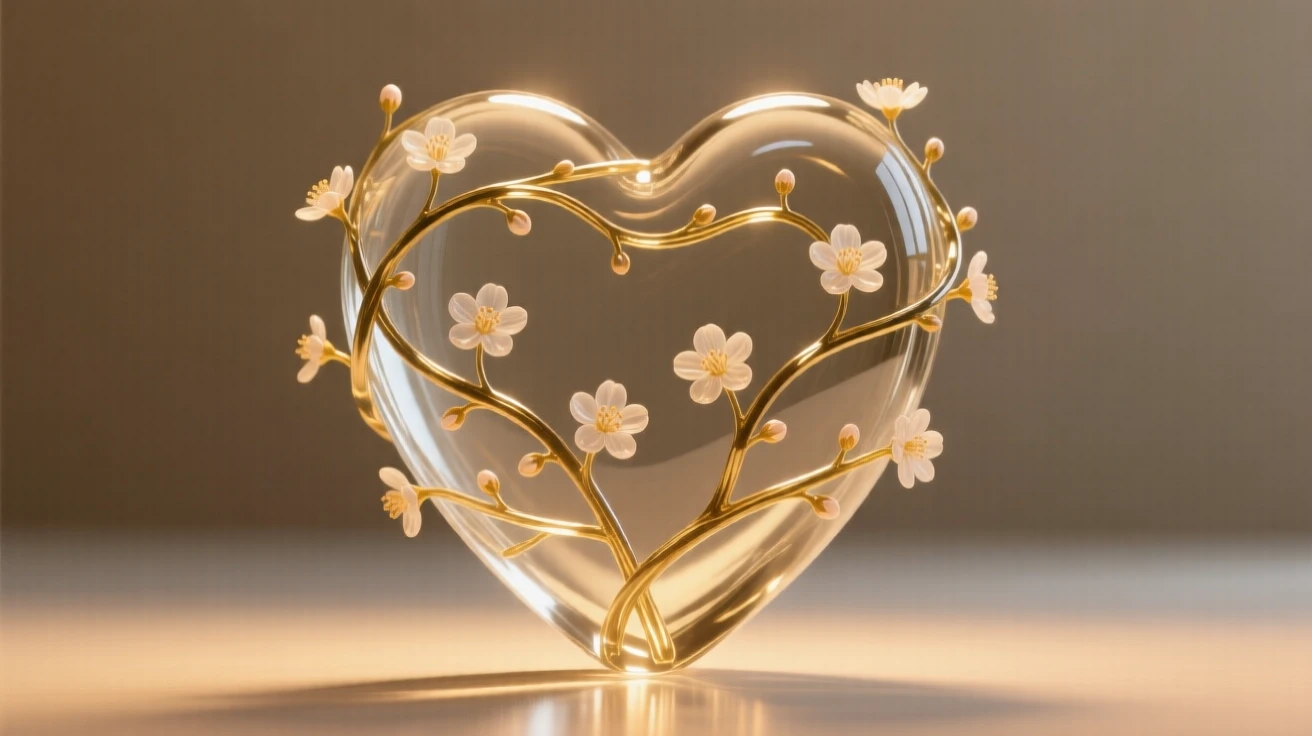 A heart formed from a tangle of blooming vines, with a warm glow surrounding the entire scene