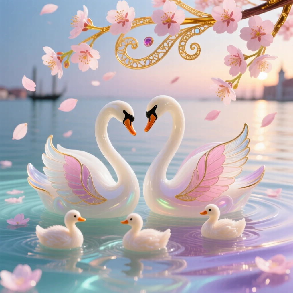 A pair of swans and cygnets swimming together beneath the most delicate drifting cherry blossom petals at dawn, tender and dreamy.