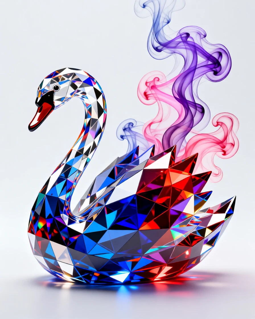 An abstract explosion of vivid smoke forming the delicate shape of a swan.
