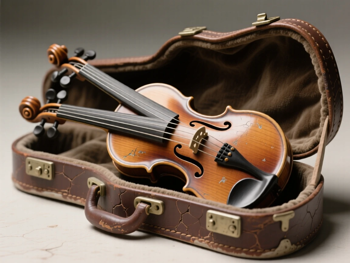 A violin resting against an open case caught in a moment of quiet everyday magic, showing small, charming signs of age, capturing beauty in the overlooked and ordinary.