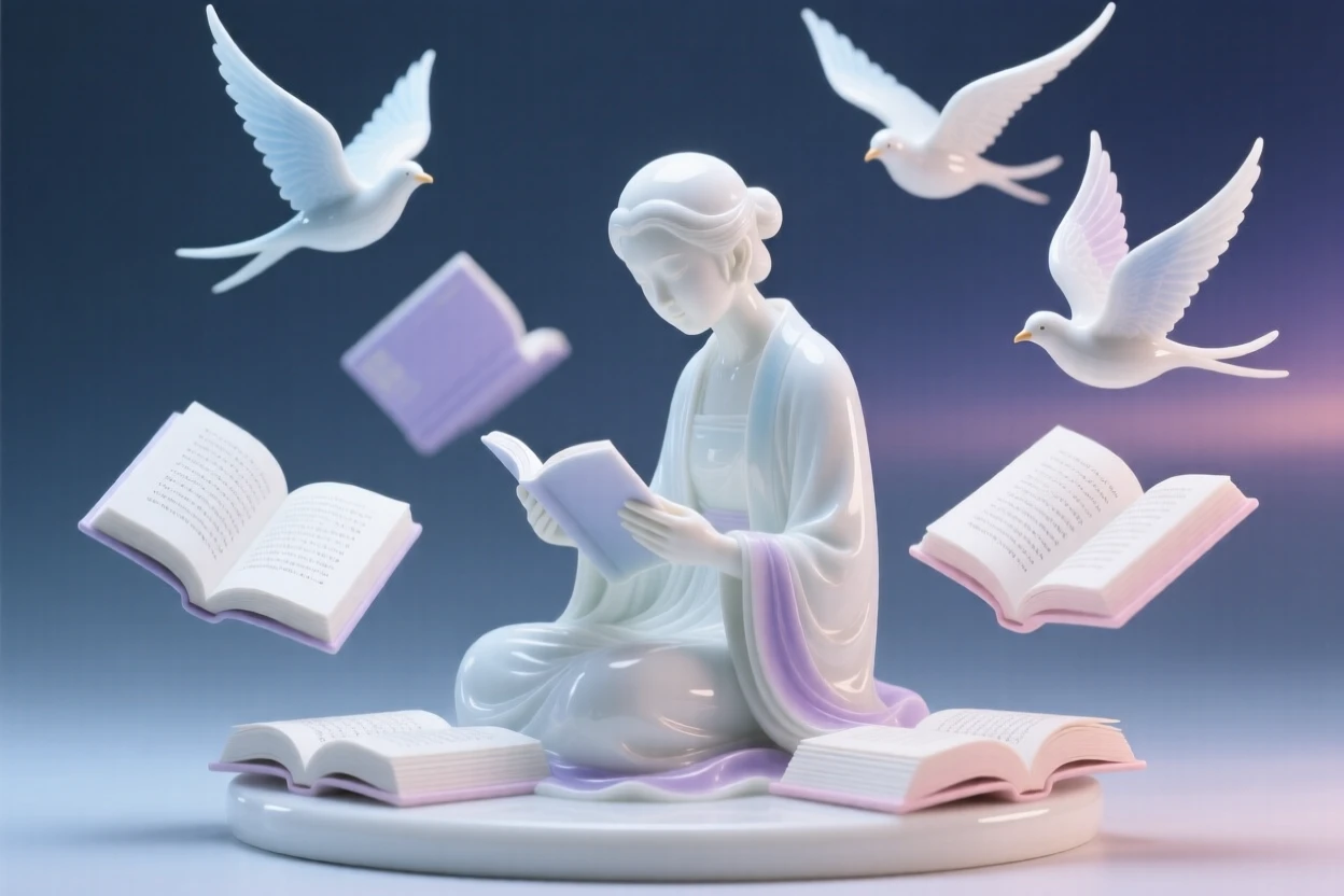 A surreal composition where books float open like birds around a reading figure, lit with the soft glow of an eternal twilight.