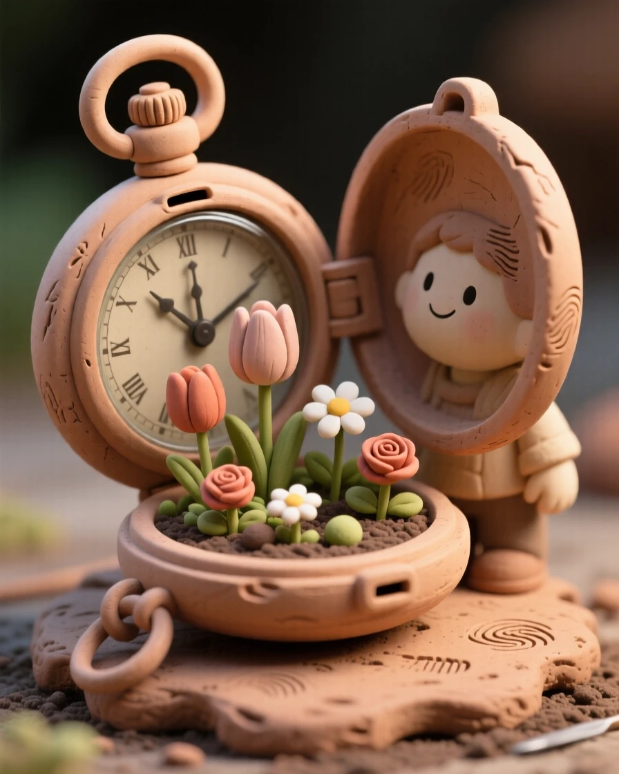 A pocket watch that opens to reveal a tiny blooming garden